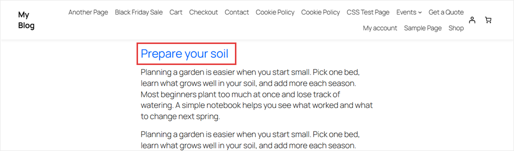 After a jump link, the heading Prepare your soil sits fully visible just below the sticky header