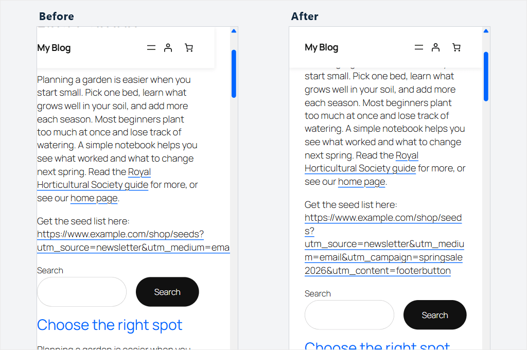 The same post on a phone before and after the snippet: before, a long tracking link pushes the page sideways; after, it wraps inside the screen