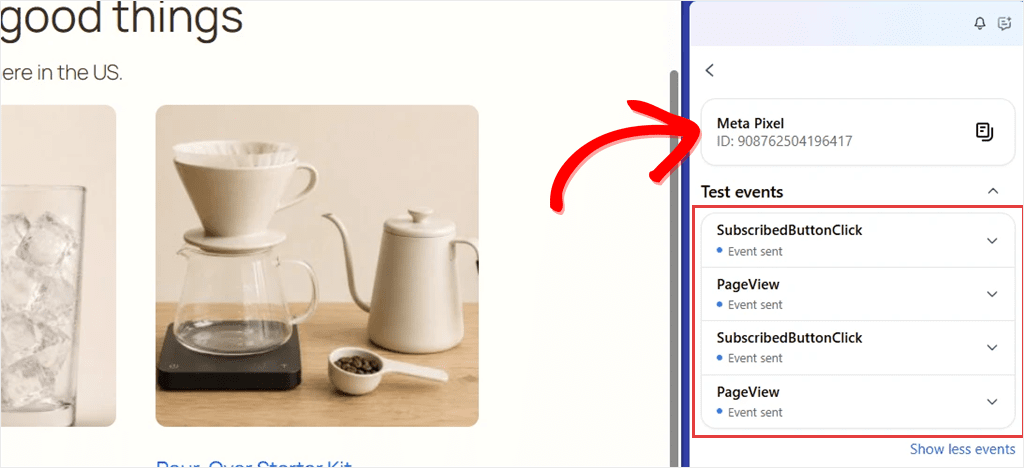 Meta Ads Data Advisor panel showing one Meta Pixel ID with PageView and SubscribedButtonClick events listed