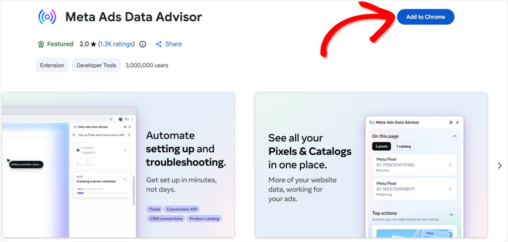 Meta Ads Data Advisor listing in the Chrome Web Store with the Add to Chrome button highlighted