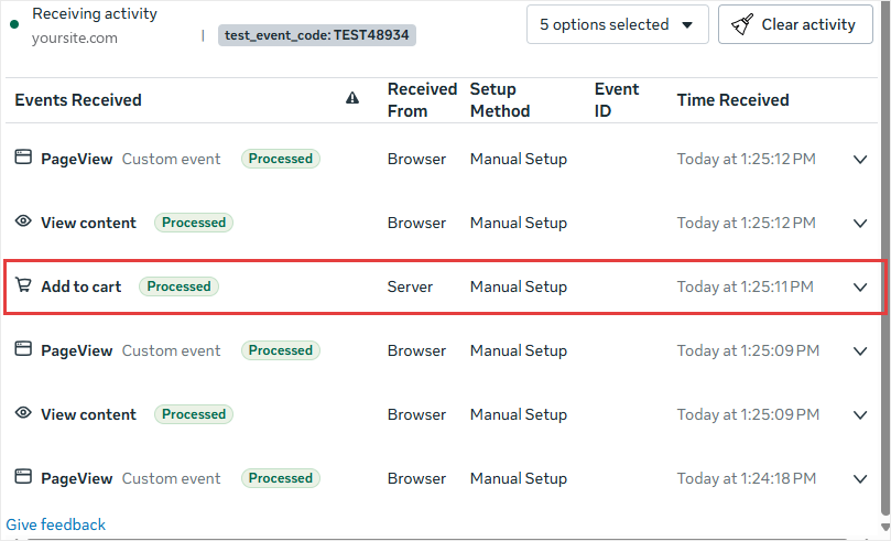 Events Manager Test events list showing PageView and View content received from Browser and Add to cart received from Server, all Processed