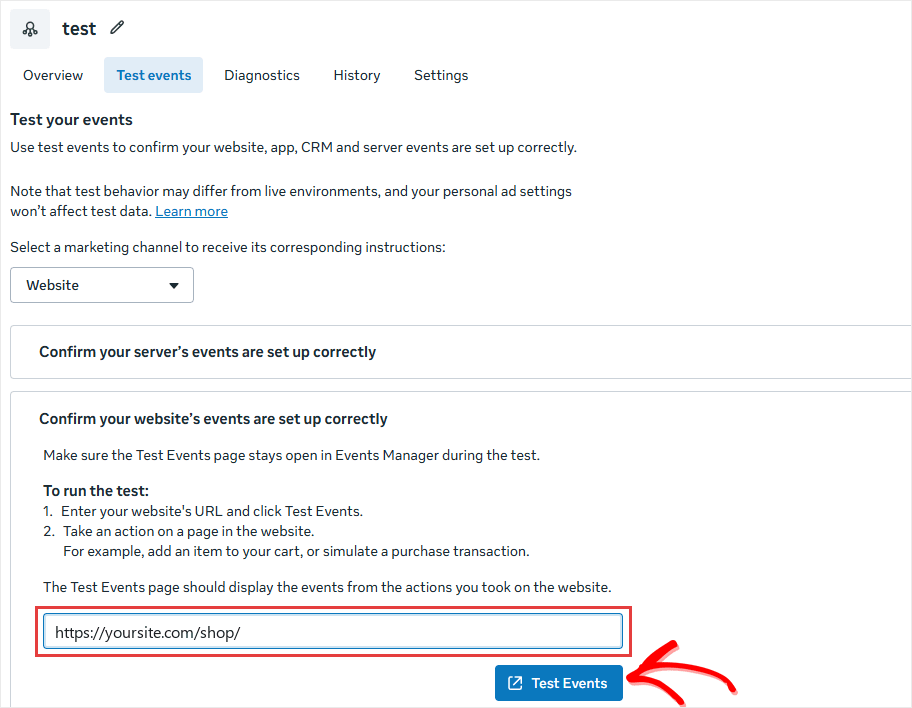 Events Manager Test events tab with the website URL field and the Test Events button highlighted