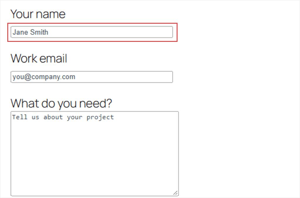 A Contact Form 7 quote form with darker grey placeholder text: Jane Smith, you@company.com and Tell us about your project, and a blue Request a quote button