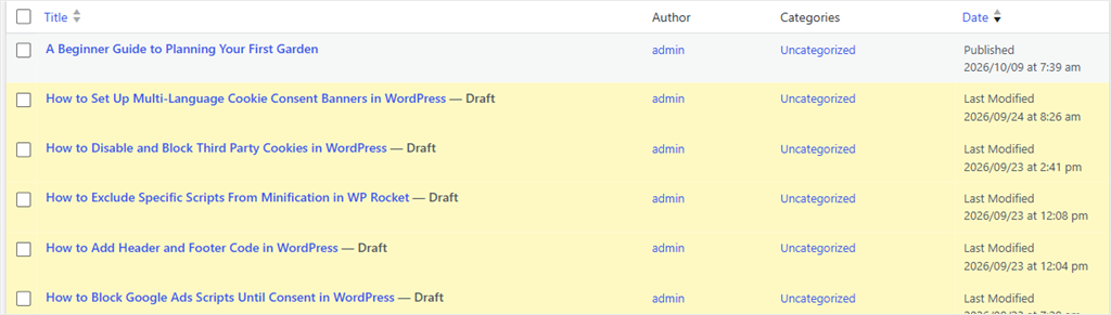 The WordPress All Posts screen with one published post in white and the draft rows in yellow