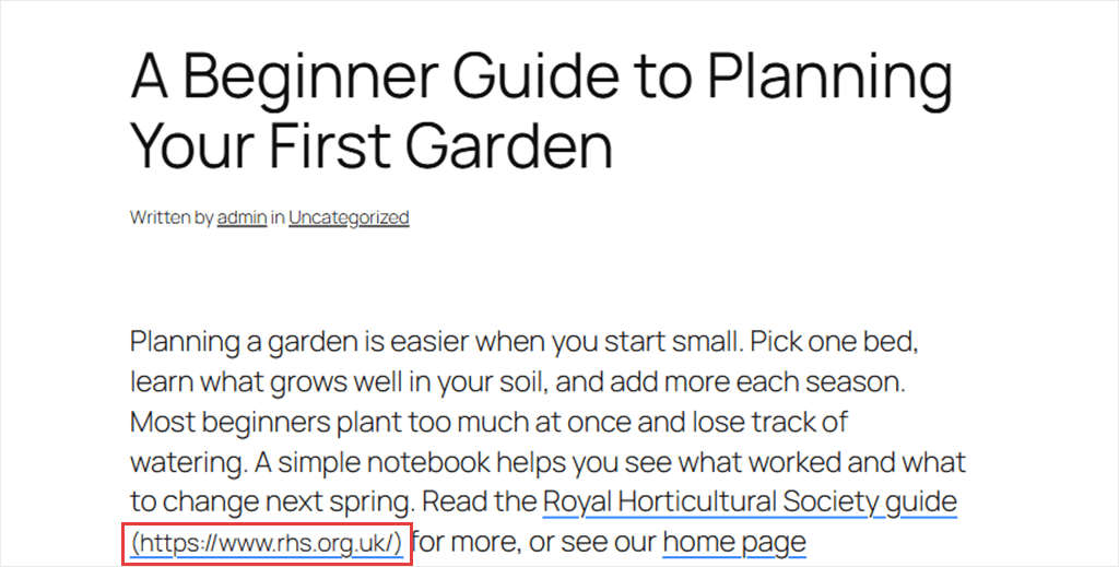 A post shown the way it prints: no menu or header, the title and text only, with the link address printed after the link