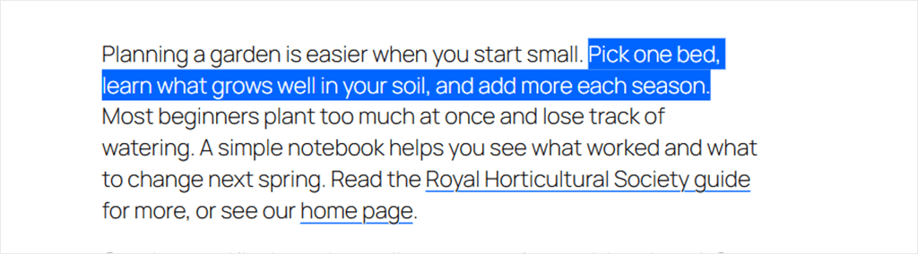 A paragraph with one sentence selected, highlighted in blue with white text