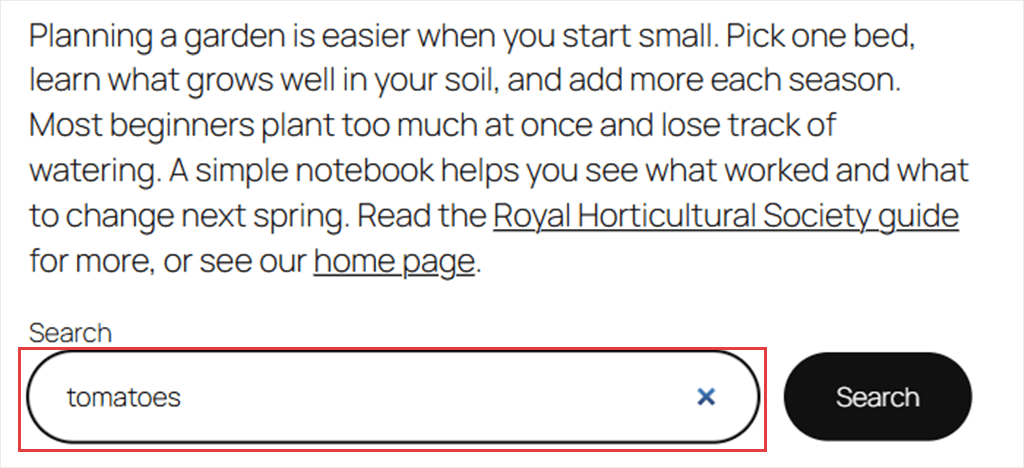 A search box with the word tomatoes typed into it after pressing the slash key