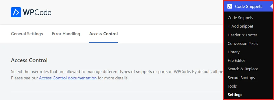 The WPCode settings screen with the Code Snippets submenu shown in the sidebar and Settings highlighted