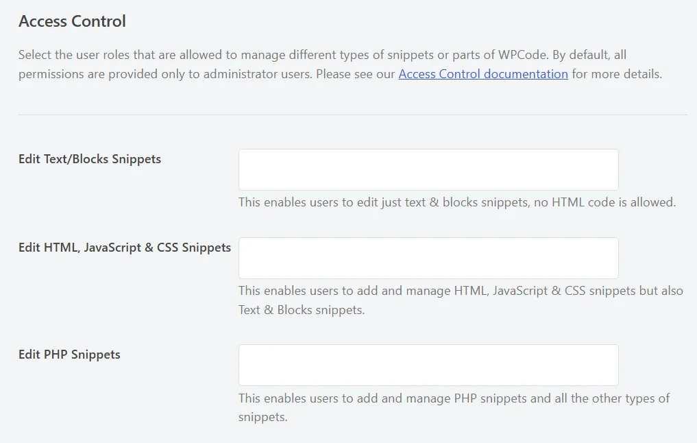 The Access Control panel showing the Edit Text/Blocks Snippets, Edit HTML, JavaScript & CSS Snippets, and Edit PHP Snippets permission rows, each with an empty role field