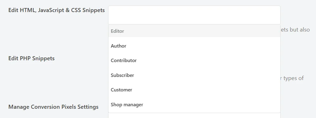 The open role list showing Editor, Author, Contributor, Subscriber, Customer, and Shop manager