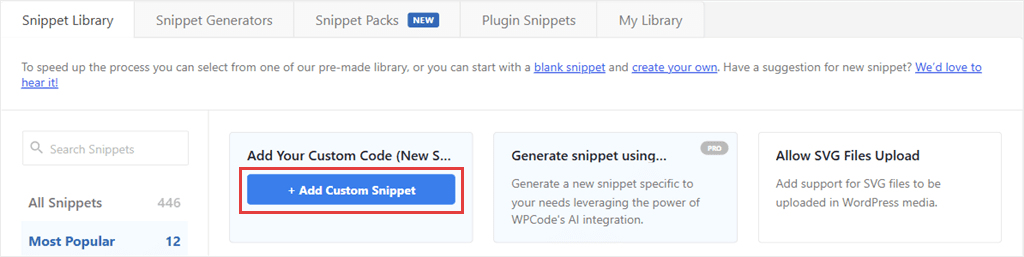The WPCode Add Snippet library with the + Add Custom Snippet button showing on the Add Your Custom Code (New Snippet) card