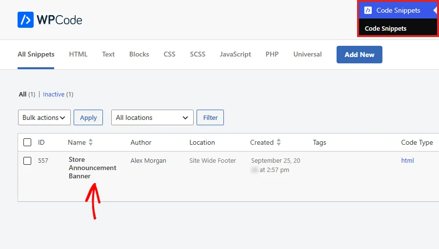 The Code Snippets list in WPCode with an arrow pointing at a snippet title