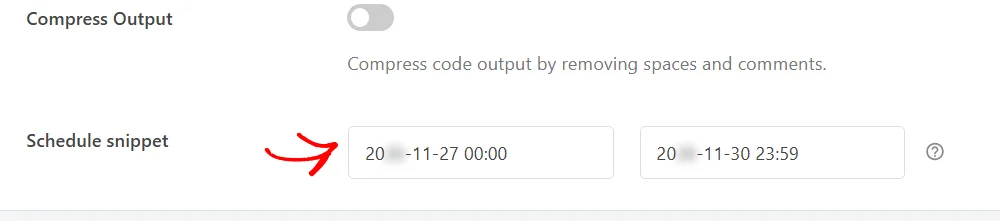 The Schedule snippet row in the Insertion box with a start date and an end date filled in and an arrow pointing at the Start Date field
