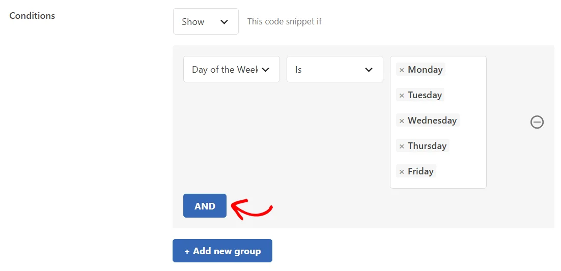 The Day of the Week rule with an arrow pointing at the AND button below it