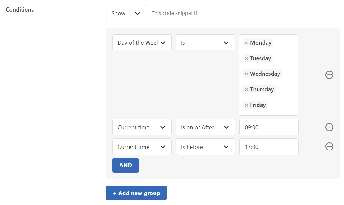 A finished rule group reading Day of the Week Is Monday to Friday, Current time Is on or After 09:00, and Current time Is Before 17:00