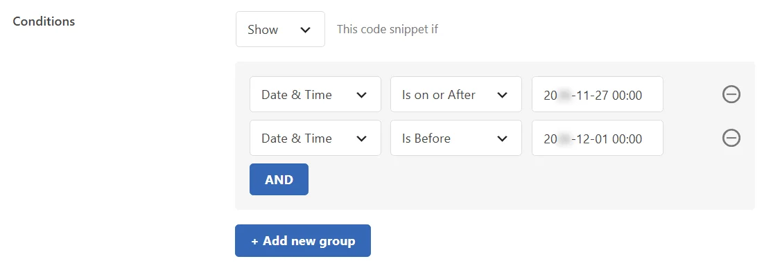 A finished rule group reading Date and Time Is on or After November 27 at 00:00 and Date and Time Is Before December 1 at 00:00