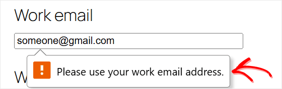 A quote form with a gmail.com address in the Work email field and the message "Please use your work email address." showing on that field