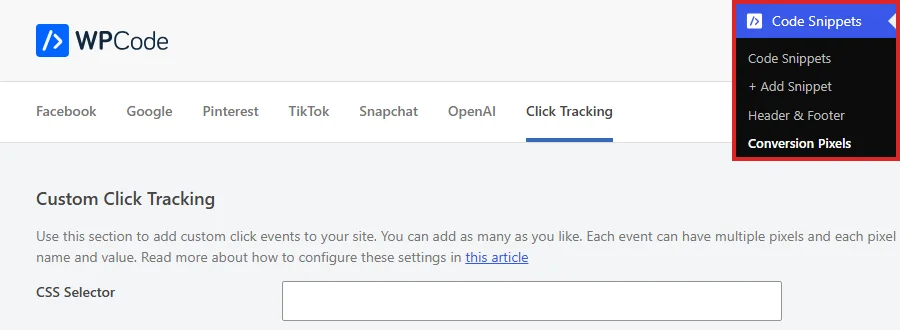 The WordPress admin sidebar showing Conversion Pixels under Code Snippets, with the Conversion Pixels settings page and its row of platform tabs open behind it