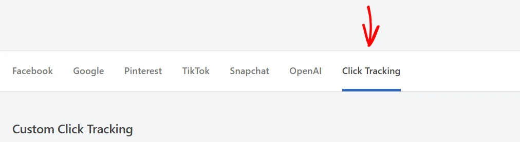 The Conversion Pixels tab row with a red arrow pointing at the Click Tracking tab, which is selected