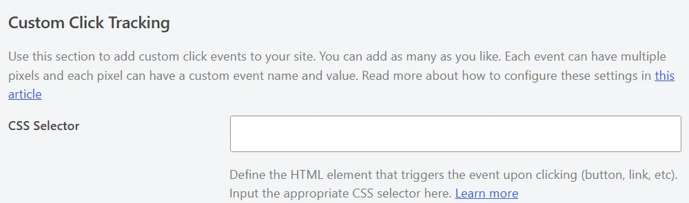 The Custom Click Tracking panel showing its intro text and an empty CSS Selector field