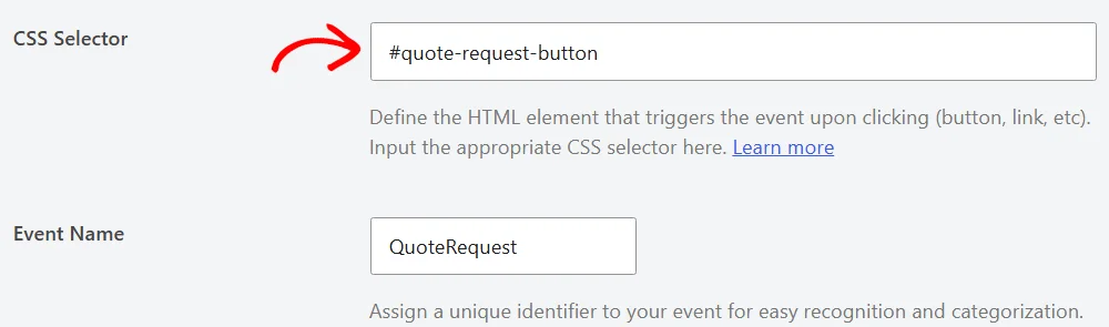 The CSS Selector field filled in with #quote-request-button, with a red arrow pointing at it