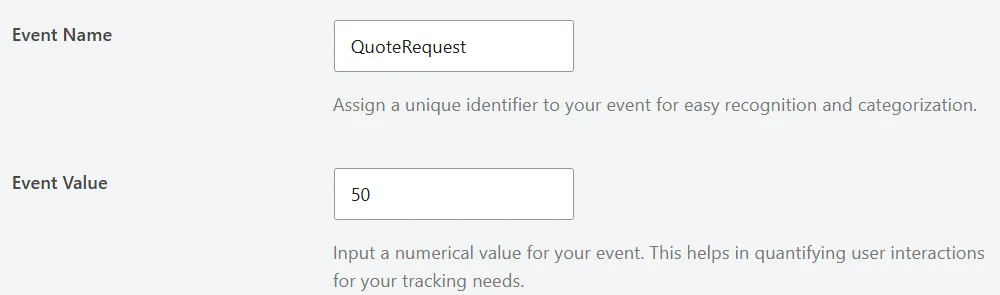 The Event Name field set to QuoteRequest and the Event Value field set to 50