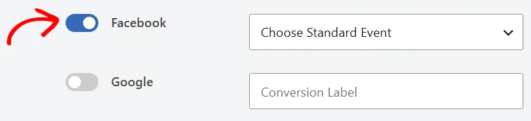 The Facebook toggle switched on and colored blue, with a red arrow pointing at it, and the Google toggle still off below