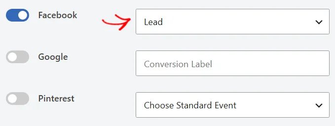 The Facebook standard event dropdown set to Lead, with a red arrow pointing at it