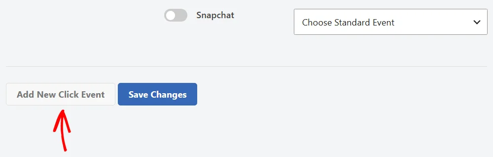 The Add New Click Event and Save Changes buttons below the Pixels section, with a red arrow pointing at Add New Click Event