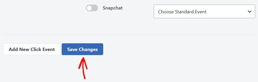 The Save Changes button next to Add New Click Event, with a red arrow pointing at Save Changes