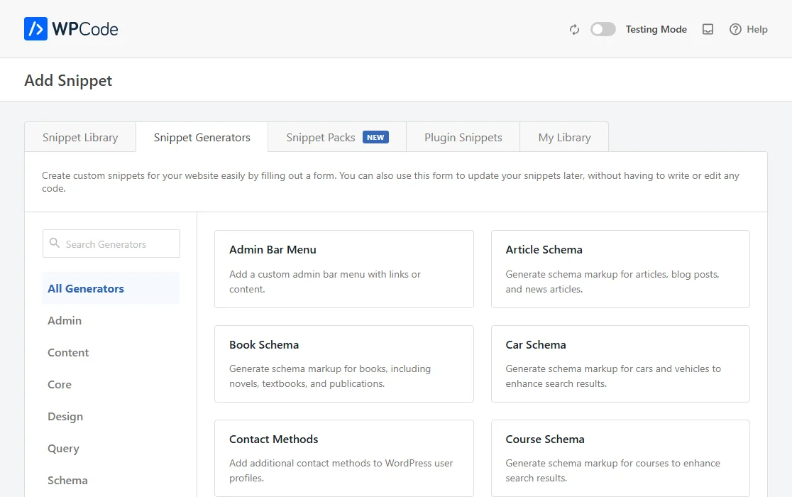The Snippet Generators tab showing the category list on the left and generator cards including Admin Bar Menu, Article Schema, and Book Schema