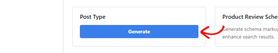 The Post Type generator card with an arrow pointing at its Generate button