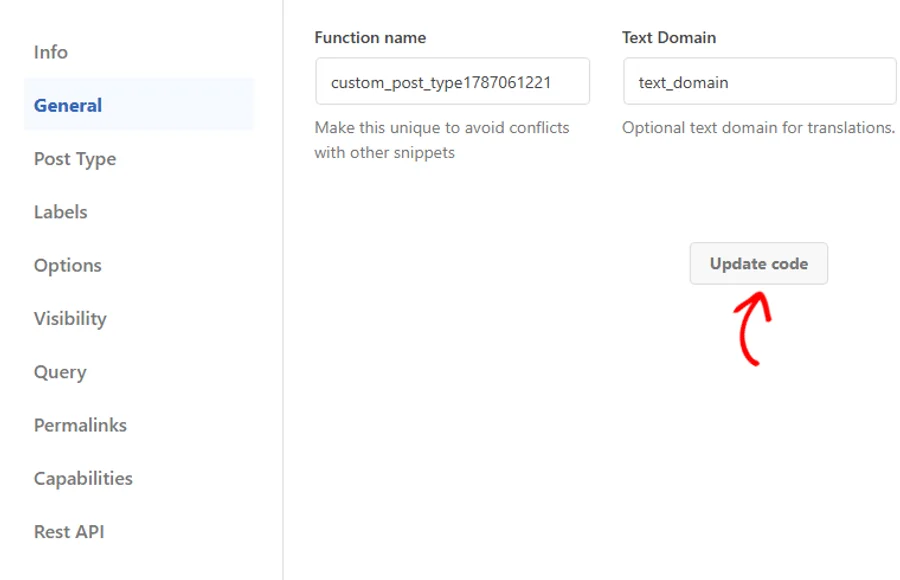 An arrow pointing at the Update code button on the generator screen