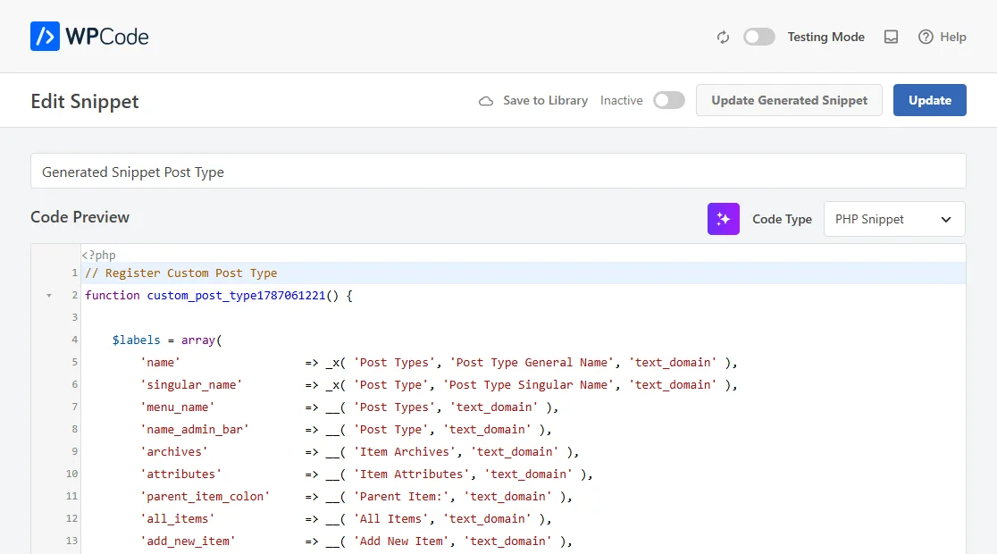 The Edit Snippet screen for a snippet titled Generated Snippet Post Type, showing the generated PHP in the code editor, the status set to Inactive, and the Update Generated Snippet button in the header