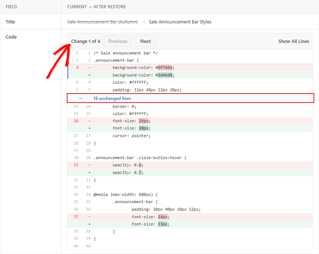 Code changes for a CSS snippet with removed and added lines highlighted, 18 unchanged lines folded, and Change 1 of 4 with Previous and Next buttons.