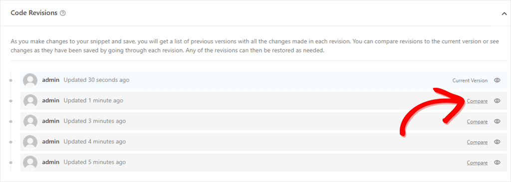 Code Revisions box in the WPCode snippet editor listing saved versions, each with a Compare link and a view icon.