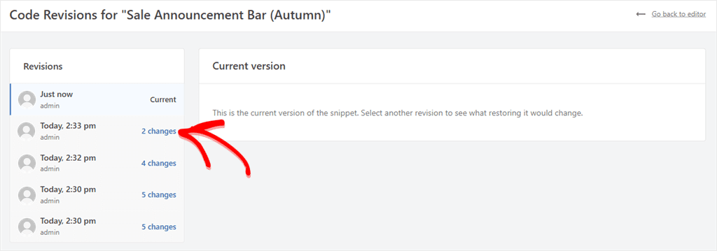 WPCode revisions page with each revision's badge in the sidebar, from Current to 2, 4 and 5 changes.