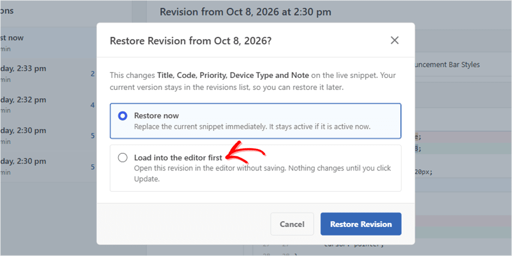 Restore revision dialog listing the settings it will change, with Restore now and Load into the editor first options.