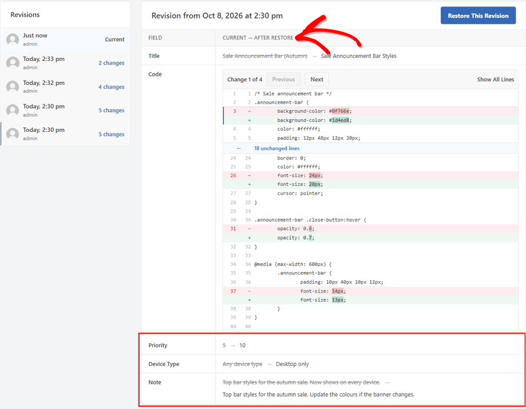 Current to After restore table showing the title, code, priority, device type and note a restore would change.