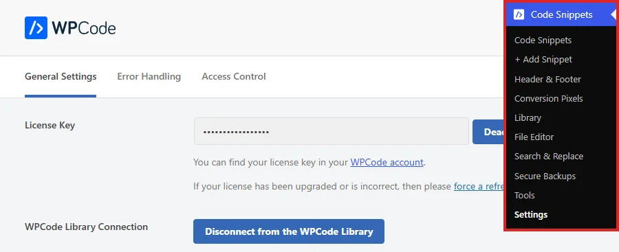 The WPCode settings screen with the Code Snippets submenu shown in the sidebar and Settings highlighted