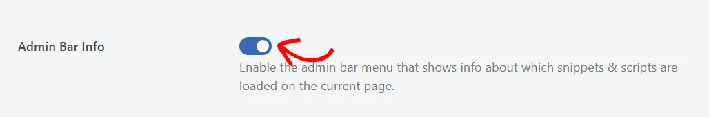 The Admin Bar Info row on the WPCode General Settings panel, with an arrow pointing at its toggle in the enabled position