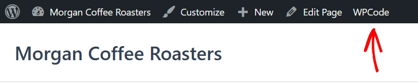 The WordPress admin bar on the front end of a site, with an arrow pointing at the WPCode item