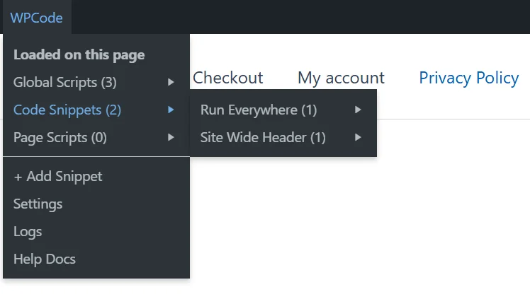 The Code Snippets section of the WPCode admin bar menu expanded to show two auto-insert locations, Run Everywhere and Site Wide Header, each with a count of 1