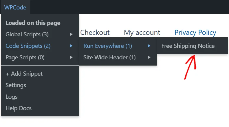 A location in the WPCode admin bar menu expanded to show the name of the snippet that ran there, with an arrow pointing at the snippet name