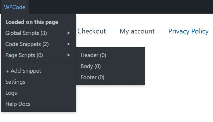 The Page Scripts section of the WPCode admin bar menu expanded to show Header, Body, and Footer for the current page, each with a count of 0