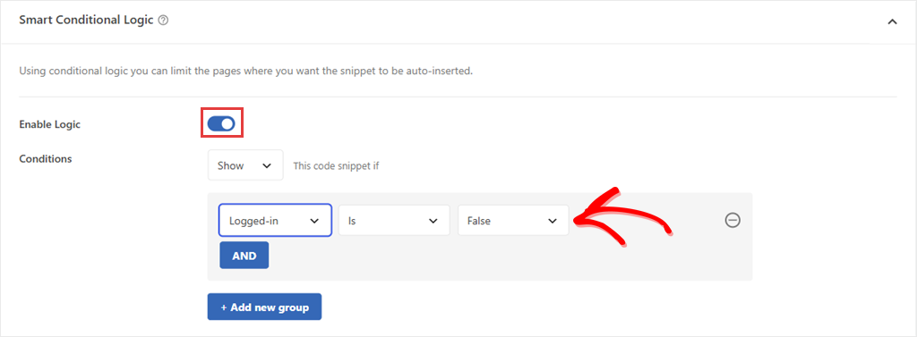 WPCode Smart Conditional Logic with a rule set to Logged-in, Is, False