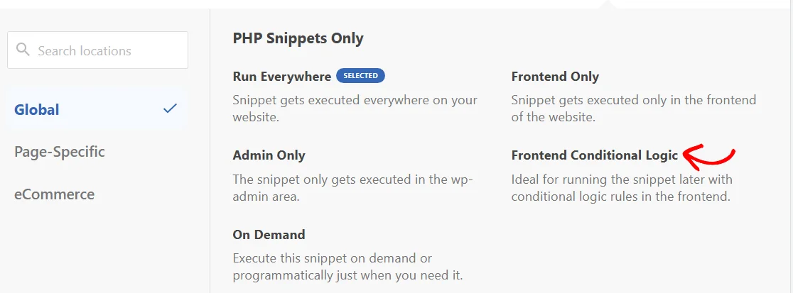 The location picker open on the Global category showing the PHP Snippets Only group with Run Everywhere marked Selected and an arrow pointing at Frontend Conditional Logic