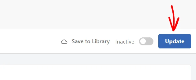 An arrow pointing at the Update button at the top of the WPCode snippet editor, next to the Inactive status toggle