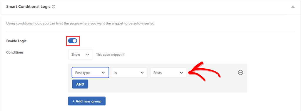 WPCode Smart Conditional Logic with Enable Logic switched on and a rule set to Post type, Is, Posts