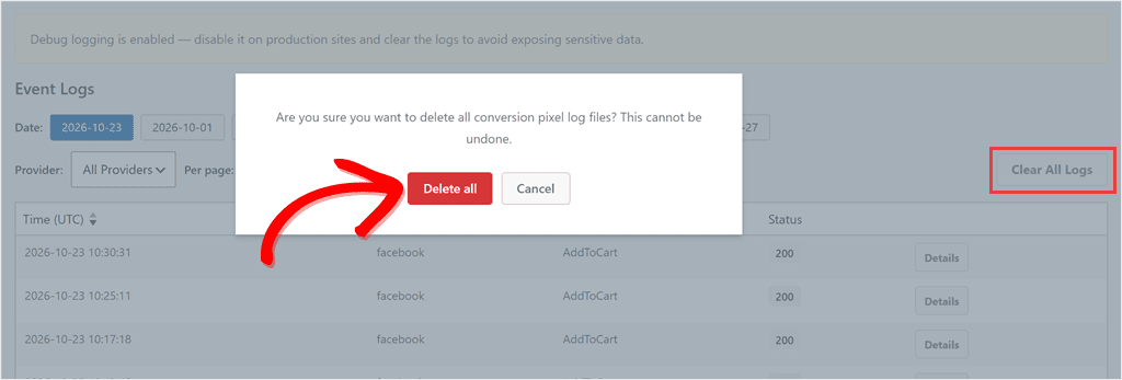 Confirmation dialog asking to delete all conversion pixel log files, with the Delete all button highlighted